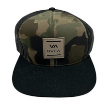 RVCA Mens Camo Trucker Hat Snapback Mesh Mid Fit Flat Brim Logo Patch Green Cap