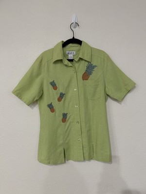 A.K.C. Green Linen Rayon Pineapple Embroidered Button Down Blouse S Short Sleeve