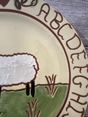 Vtg Long Family Potters Redware Dinner Plate Sheep Alphabet Yellow 8.5” 1988 - Picture 3 of 8