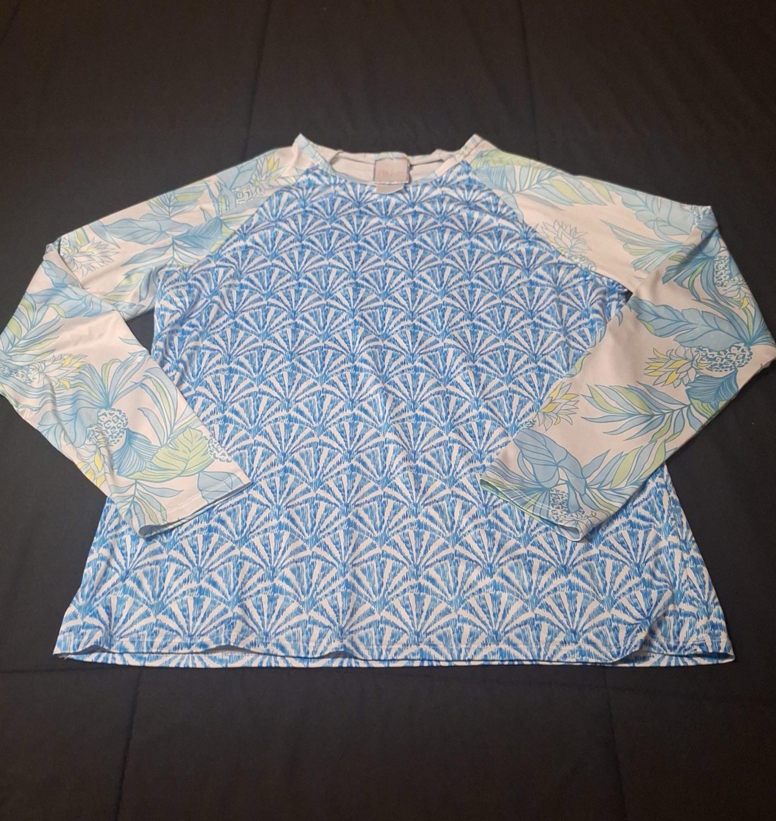Stella Parker Top Blue Tropical Floral Long Sleeve Pullover Shirt Sz Large