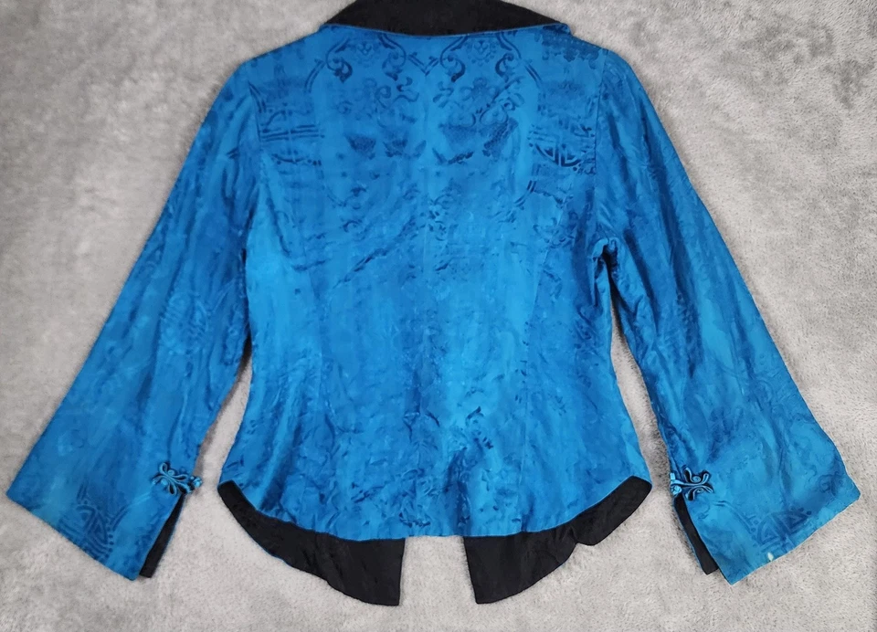 Chaqueta Old Shanghai Mujer Mediana Azul Negro Brocado Rana Asiática Botón Abrigo Foto 2 de 4