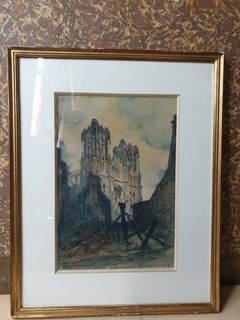 Tableau ancien FRANK WILL (1900 1951) Cathédrale de Reims Aquarelle Signée