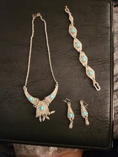 Ethnic Silver Turquoise Jewelry Set Necklace Bracelet Earrings Fashion