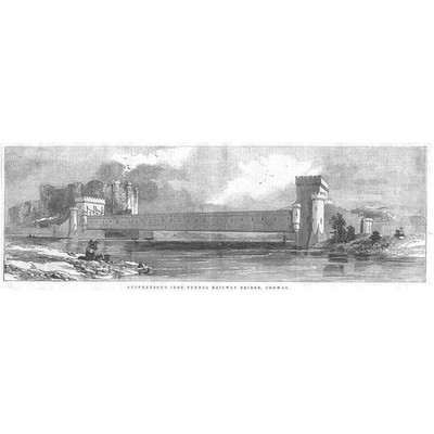 Stephenson's Iron Tunnel Railway Bridge at Conwy - Antique Print 1846