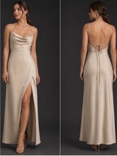 Anthropologie BHLDN Remy Cowl Neck Faux Wrap Satin Gown Champagne Womens Size 2