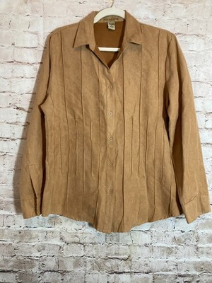 Notations Top Womens Medium Camel Brown Microsuede Pleated Button Up Stretch