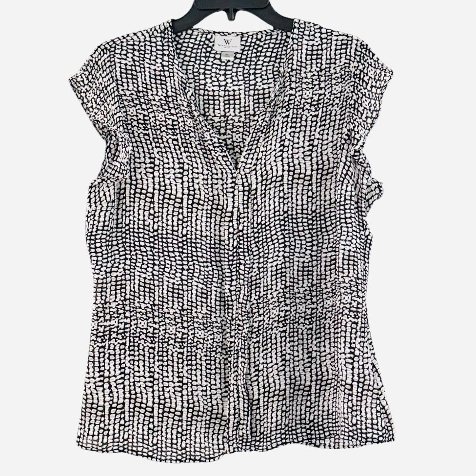 Worthington Womens Pullover Blouse PL Petite Large Black and Beige Cap Sleeve