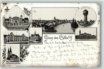 13438782 - 3310 Calbe Rathaus u. Denkmal Kaiserl. Postamt Ev. Kirche Kath.