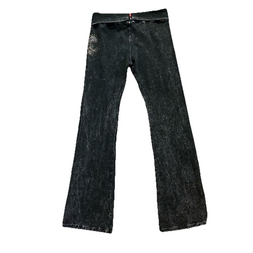 T Party Black Mineral Wash Fold Over Waist Yoga Flare Pants Embellished Sz L - Picture 3 of 6