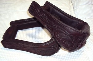 CIRCLE Y Stirrups - Tooled Design/Leather Wrapped - 5" L  x 2 3/4" W - GREAT