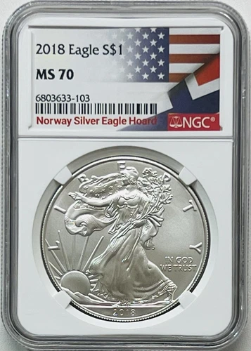 2018 $1 SILVER EAGLE NGC MS70 NORWAY SILVER EAGLE HOARD