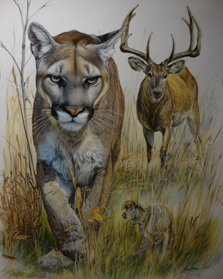 #ad 8x10 Cougar walking forward with deer behind in grass prairie 833184012 $6.95