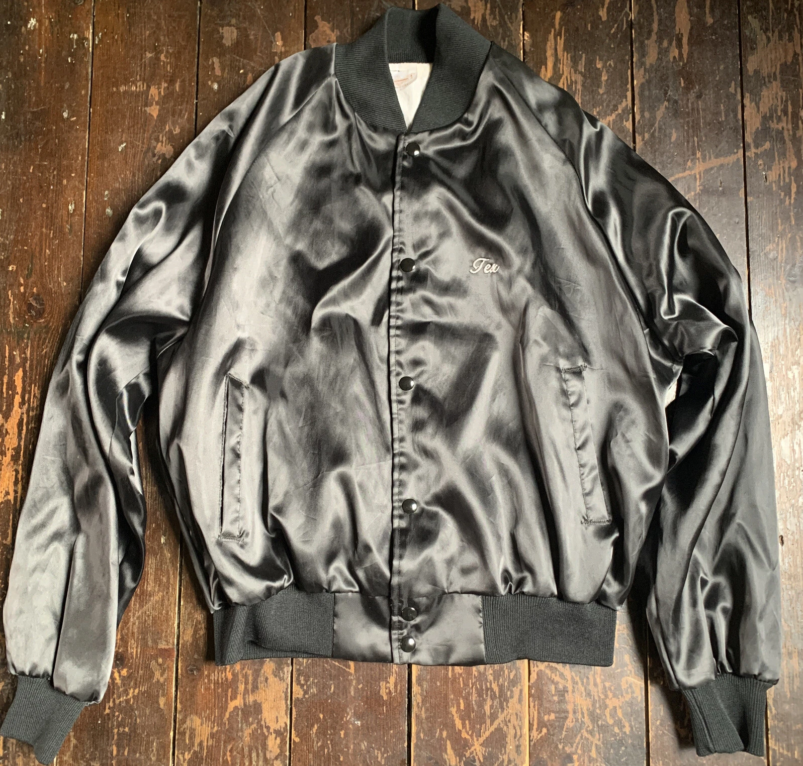 Vtg 80s Black NYLON Western Eagle Press Stud Embroidery Wet Look Nylon Jkt L