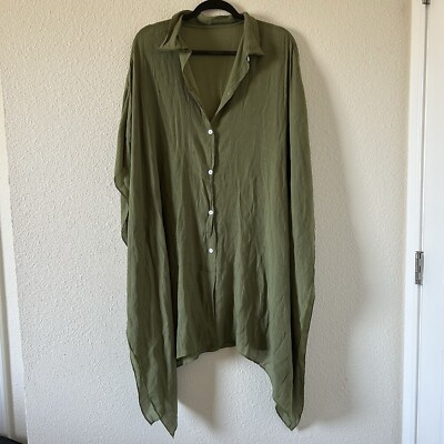 Kimono Button Up Relaxed Lagenlook Tunic Coverup Vacation Olive Green Women s OS