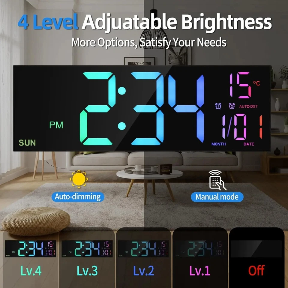 16.2'' Digital Wall Clock Large with Remote LED Big 8 Color Display Alarm RGB 5V - Image 4 of 4