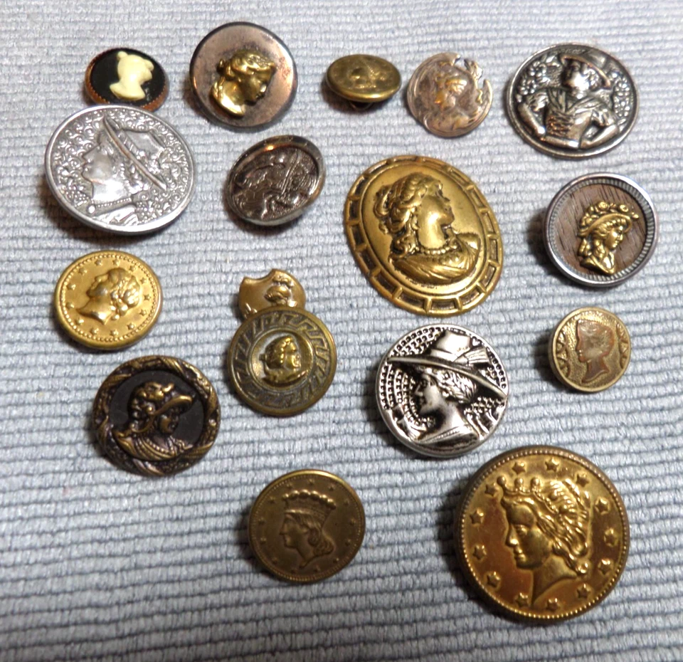 Lot of 17 Vintage Antique Metal Picture Buttons Cameos Lady Heads - Image 2 of 4