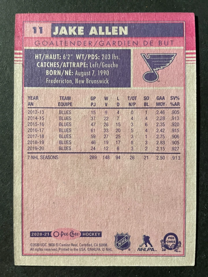 Jake ALLEN 2020-21 O-Pee-Chee Retro Parallel Hockey #11 St. Louis Blues - Image 2 of 2