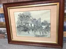Very Detailed Pencil Drawing Riverside Cottage Framed - Has Some Age Signed O.B.