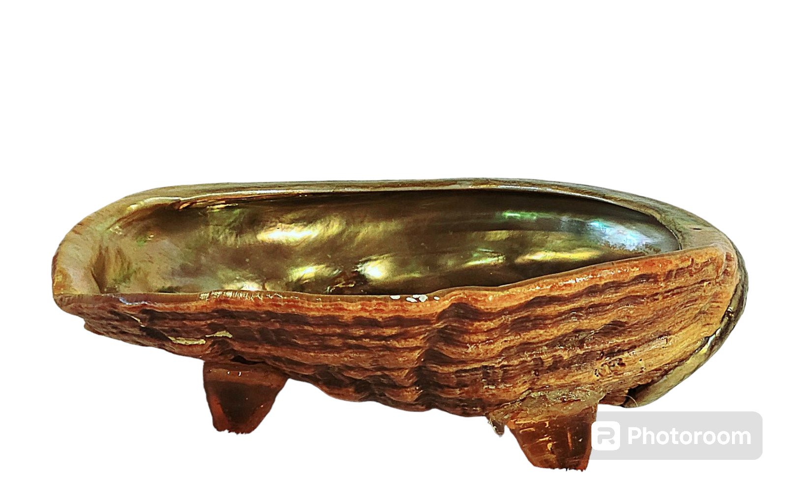 MCM  Red Abalone Ashtray Seashell Trinket Bowl Amber Lucite Tripod Feet 1960-70