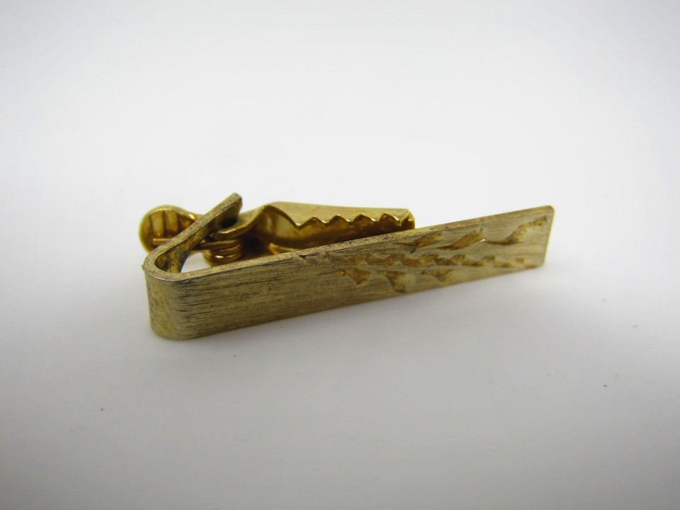 Vintage Mid-Century Gold Tone Tie Clip Bar Brushed & Etched Leaf Design ...