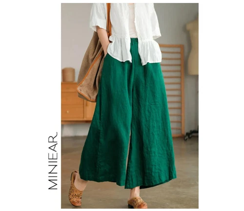 Sommer Damen Lockere Leinenhose Weites Bein Flachs Cropped Freizeit Komfort Hose  - Bild 4 von 20