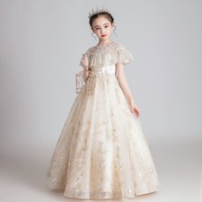 Ruffle Illusion Neck Tulle Tutu Maxi Long Floor Gown Dress Princess Flower Girls