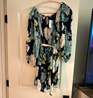 LOFT Women's XL Floral Romper 3/4 Sleeve Black Blue Green White