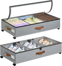 2 Pack Under Bed Storage Containers With Adjustable Dividers Clear Window&Wheels