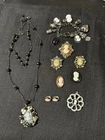 Cameo Costume Jewelry Lot Of 9 Vintage / Now Brooches Necklace Bracelet Earrings