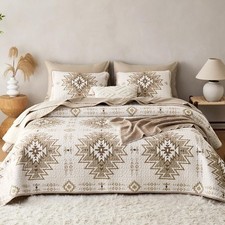 Beige Southwest Tribal Western 3 Piece Quilt Set King Coverlet