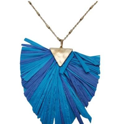 Boho Blue Raffia Fringe Fan Pendant Necklace Gold Tone Chain Statement