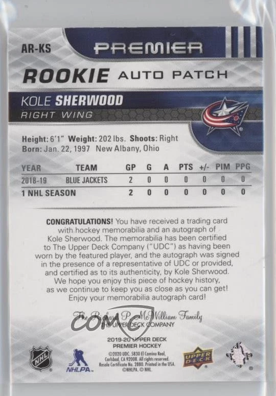 2019-20 Upper Deck Premier Acetate Rookie /249 Kole Sherwood RPA Patch Auto RC - Image 2 of 2