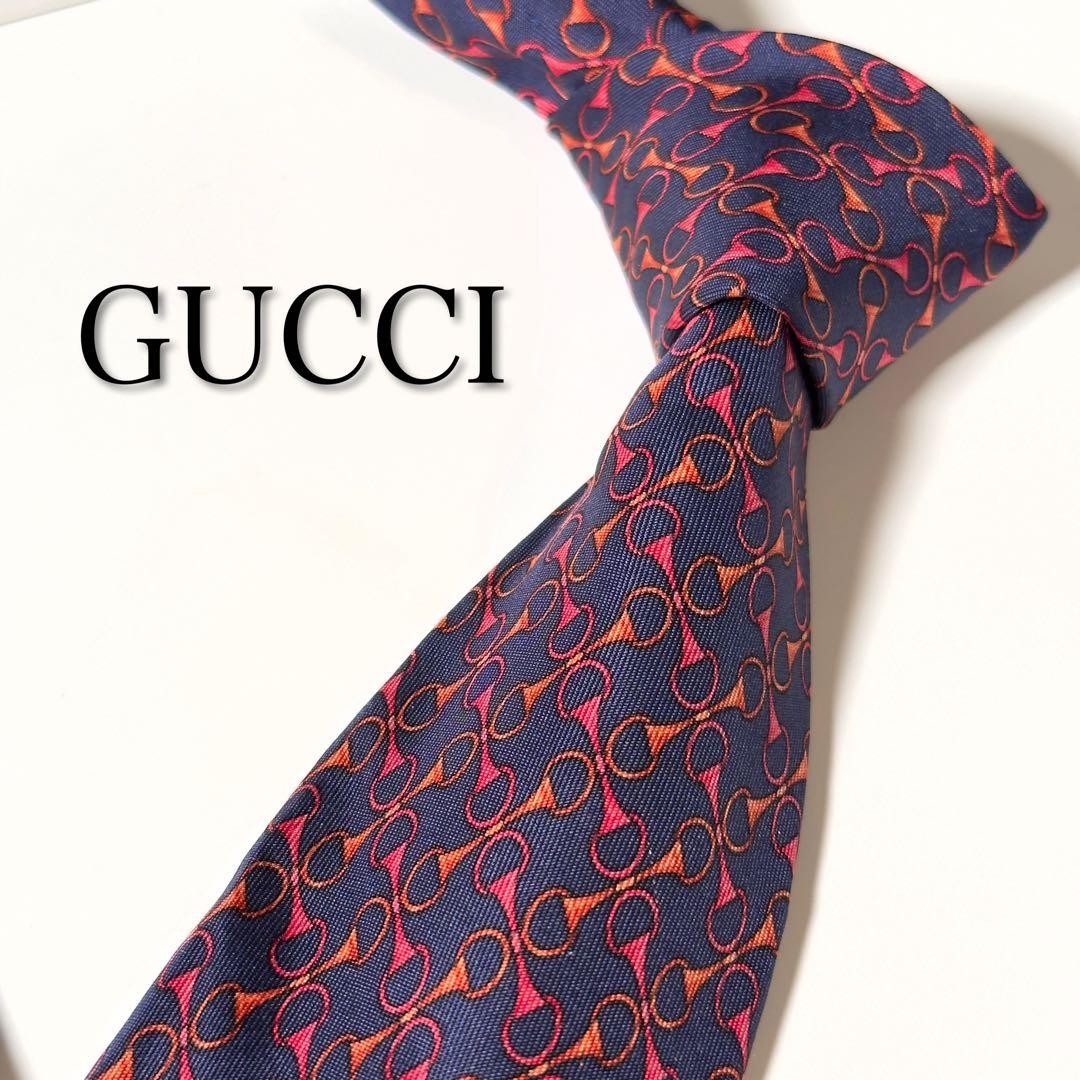 Gucci Necktie Tie 100% Silk Navy Red All-over Pattern 3.5 inches From Japan