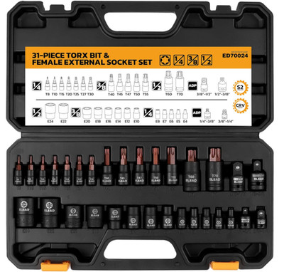 Juego Dados Torx y E-Torx 31 Piezas T8-T70 E4-E24 Mecánica, Nuevo