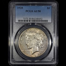 1928 P PEACE SILVER DOLLAR ✪ PCGS AU-50 ✪ $1 ALMOST UNCIRCULATED UNC ◢TRUSTED◣