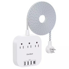 15 Ft. Braided Cord Power Strip with Flat Plug, 3-Outlets 4-USB Ports 1 USB-C 