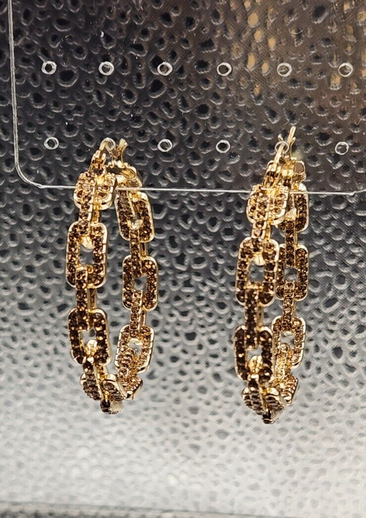 Gold Chain Hoop Earrings with Sparkling Champagne Crystals-image
