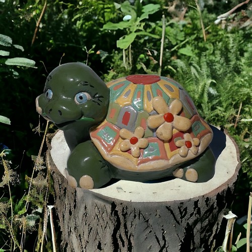 VTG Boho Turtle Piggy Bank Chalkware Daisy Flower Power Signed Dated 1979 RARE