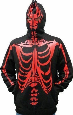 Zip Up Red Skeleton Print Adult Black Hooded Sweatshirt Hoodie Costume Face Mask | eBay