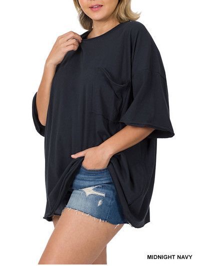 Zenana  1X Cotton Raw Hems Oversized Boxy Boyfriend Crew Neck Tee Top Navy