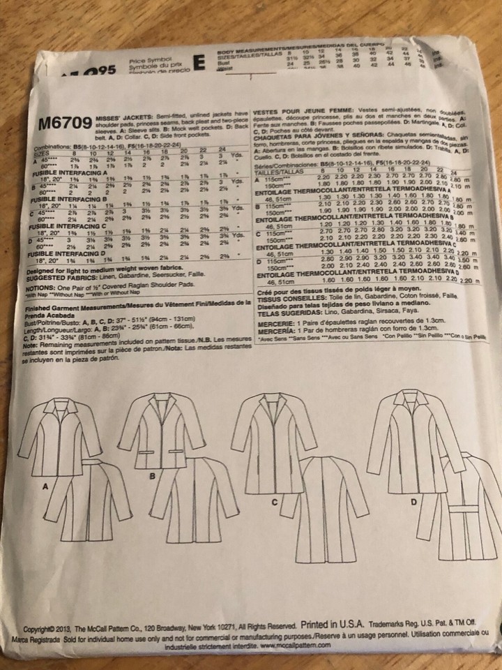 🦋McCALL'S #M6709-LADIES PALMER/PLETSCH NO CLOSURE JACKET PATTERN 8-16/ ...