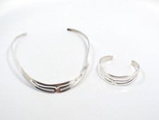 Vtg Taxco Mexico Sterling Silver Modernist Collar Necklace & Cuff Bracelet Set