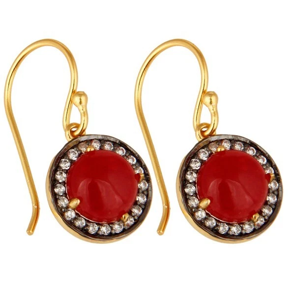 Gold & Black Tone Earrings Zircon Studded and Red Aventurine Gemstone Jewelry - Image 2 of 4