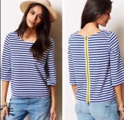 Anthropologie Postmark Womens Top M Genoa Stripe Blue White Zipper Back