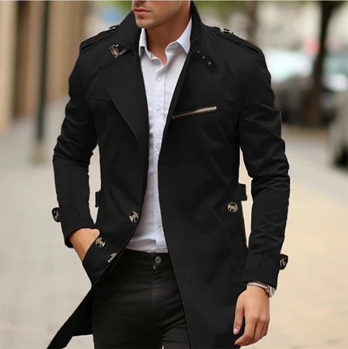 Herren Trenchcoat Warm Slim Fit Einreiher Long Top Wintermantel Jacke - Bild 2 von 24