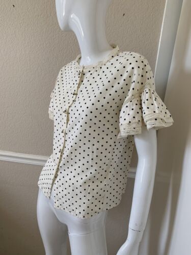 LEON & HARPER Anthropologie Cream/Black Polka Dot Cotton Lace-Trim Button Blouse - Picture 4 of 8