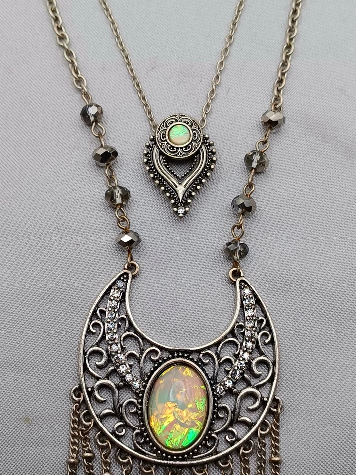 Collar Colgante Doble Media Luna Colgante Imitación Ópalo Cadena Flecos Bohemio Foto 2 de 4