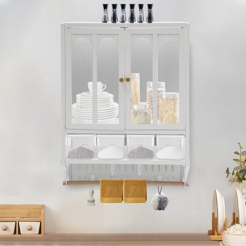 Modern Wall Mount White Double-tier Glass Door Wall Cabinet With 4* Spice Boxes - Picture 3 of 15