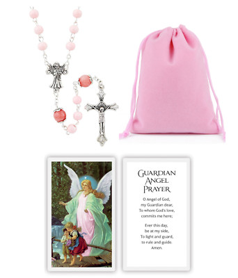 Girl's Guardian Angel Rosary Dark & Light Pink Glass Bead Marble Look Catholic