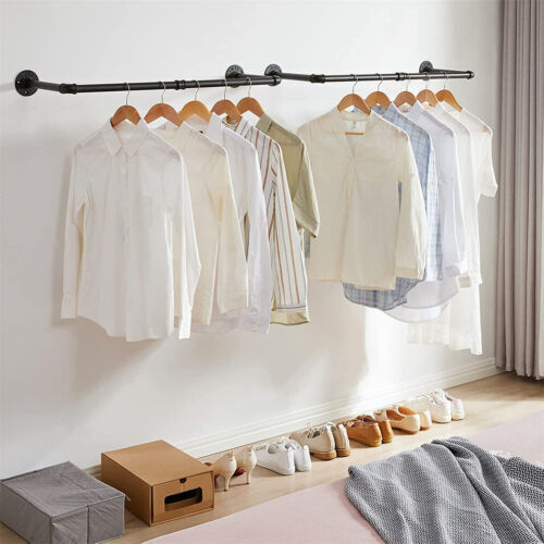2X Wall Mounted Clothes Rack Industrial Pipe Clothes Hanging Bar Space Saving - Picture 2 of 18